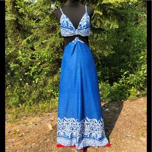 NEW White And Blue Print Lightweight Open Back Strappy Maxi Dress Size S
